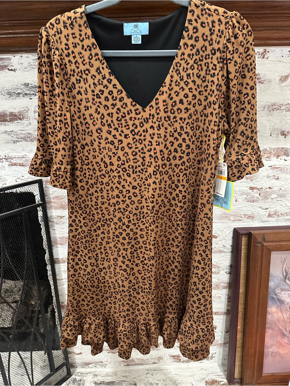 CeCe Brown Leopard Print V-Neck Ruffle Dress